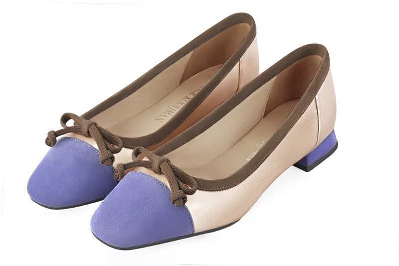 Lavender purple, gold and chocolate brown women's ballet pumps, with low heels. Square toe. Flat flare heels. Front view - Florence KOOIJMAN